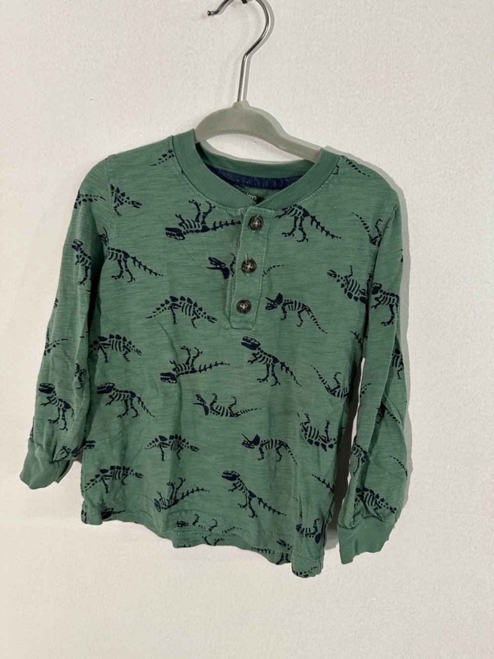 Kids' Long-Sleeve Henley Top in Sage Green with Dinosaur Print